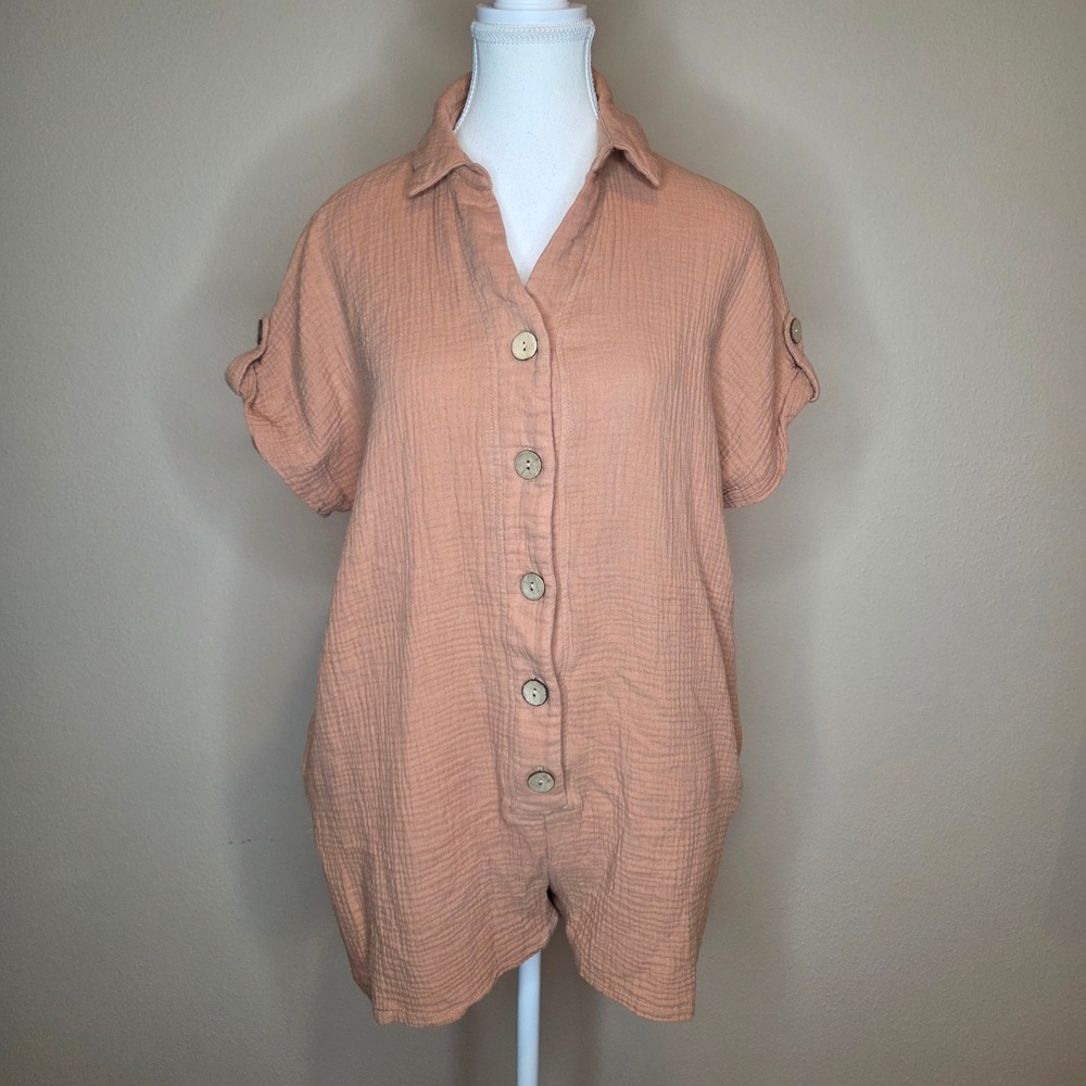 Mable Gauze Cotton Button Front Romper S/M Clay Tan Boho Pocketed